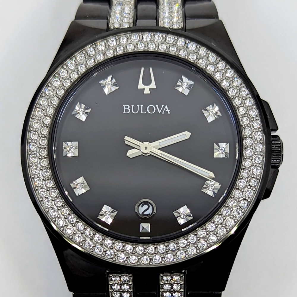 #608 Bulova Mens Black Ion Plated Stainless Steel Crystal Quartz Watch 98K101